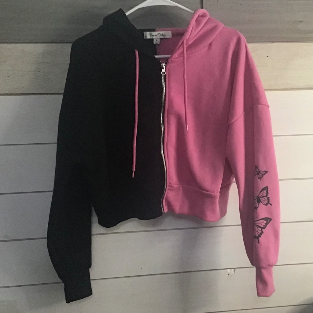 Vane And Valley Half Black Half Pink Butterfly Zippered Hoodie